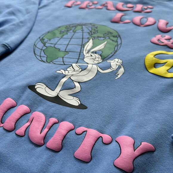 Looney Tunes Bugs Bunny Peace Love Unity Puff Paint Blue Sweatshirt XL - Picture 4 of 9